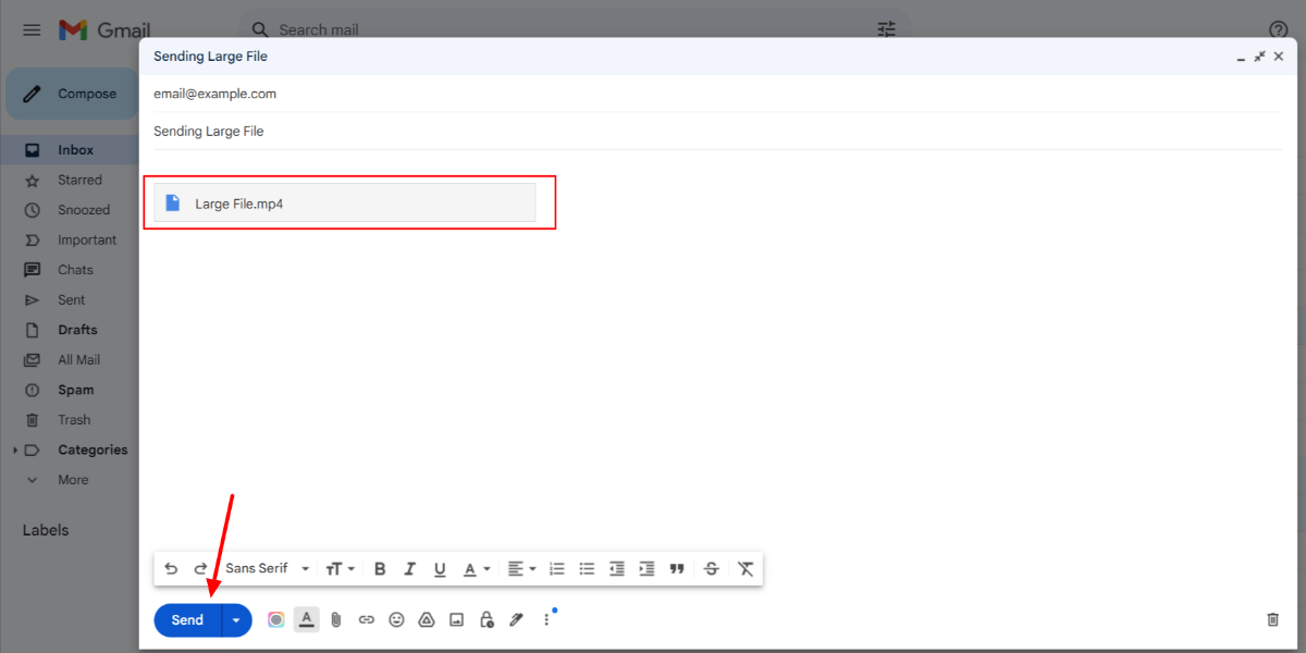 click on send button to send large file in gmail